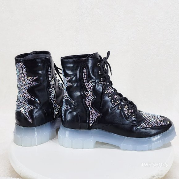Aces Rhinestone Combat Boots Punk Goth Glam Shoes Last Ones - Picture 4 of 10